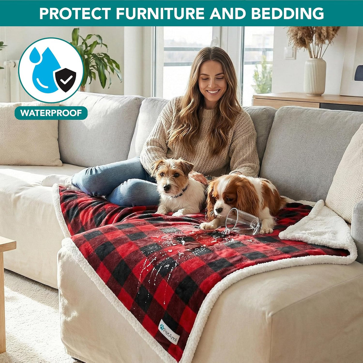 Waterproof Dog Blanket for Large Dog Cat Pet, 60X80, Black Red