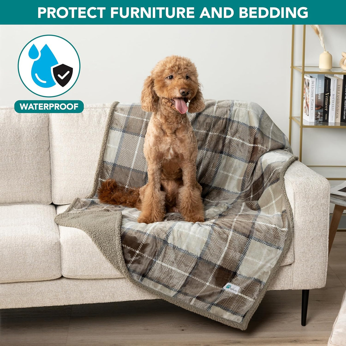 Waterproof Dog Blanket for Large Dog Cat Pet, 60X80, Plaid Taupe