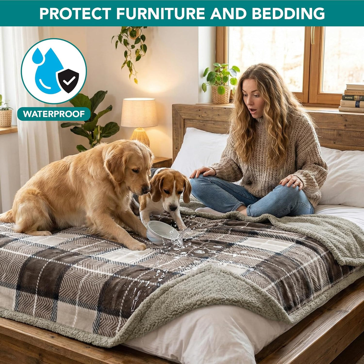 Waterproof Dog Blanket for Large Dog Cat Pet, 60X80, Plaid Taupe